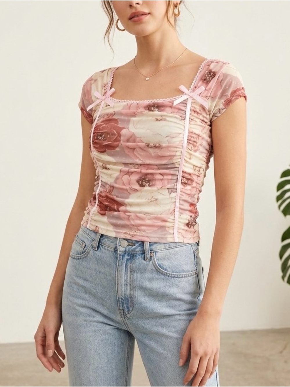 Vital Life Y2K Floral Ruched Square Neck Blouse Pink Bows M